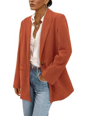 Women's Brick Red Long Sleeve Lapel Button Fall Coat Corduroy Blazer Jacket
